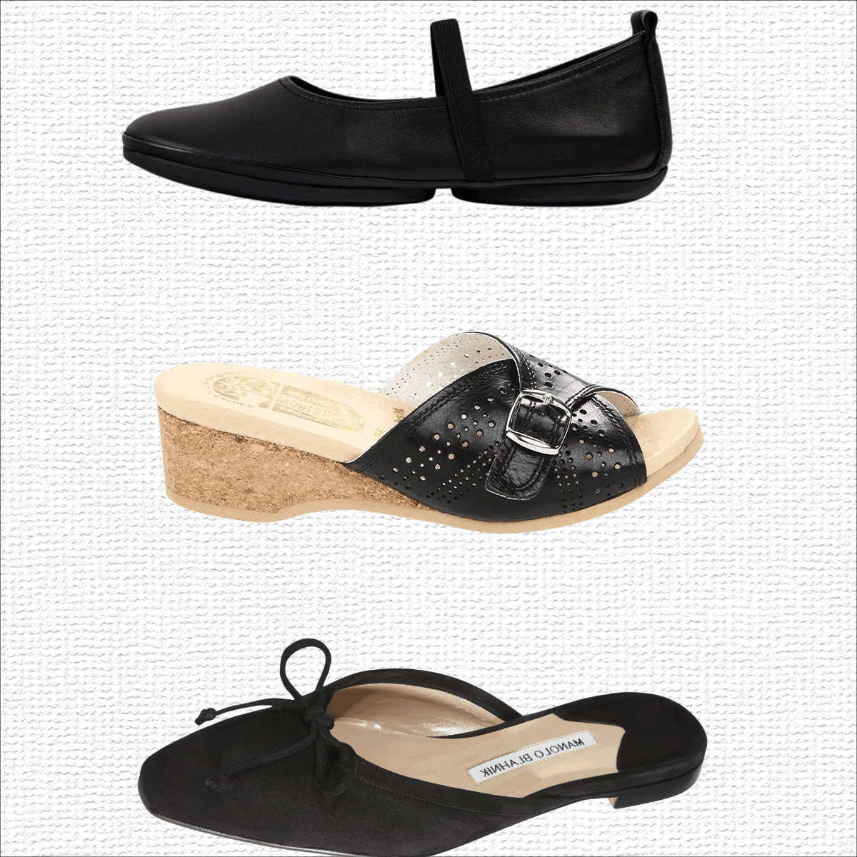 Camper, Repetto, Worishofer, Manolo Blahnik, Saint Laurent.