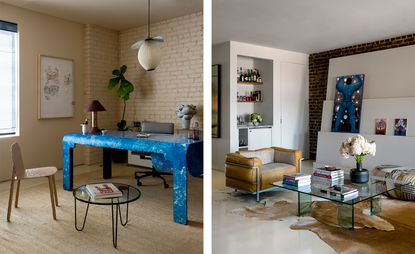 blue desk and brown armchair at shulamit nazarian gallery