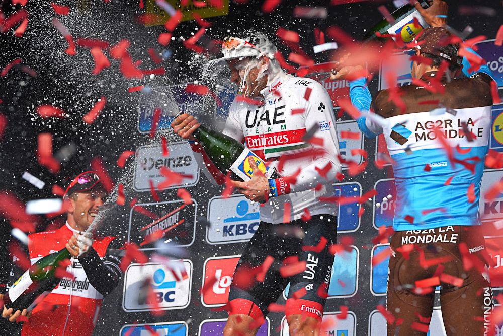Alexander Kristoff (UAE Team Emirates) on the Gent-Wevelgem podium