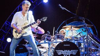 Musicians Eddie Van Halen (L) and Alex Van Halen of Van Halen perform on stage at Sleep Train Amphitheatre on September 30, 2015 in Chula Vista, California.