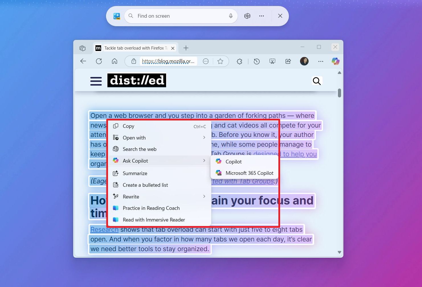 Click to Do selected text actions