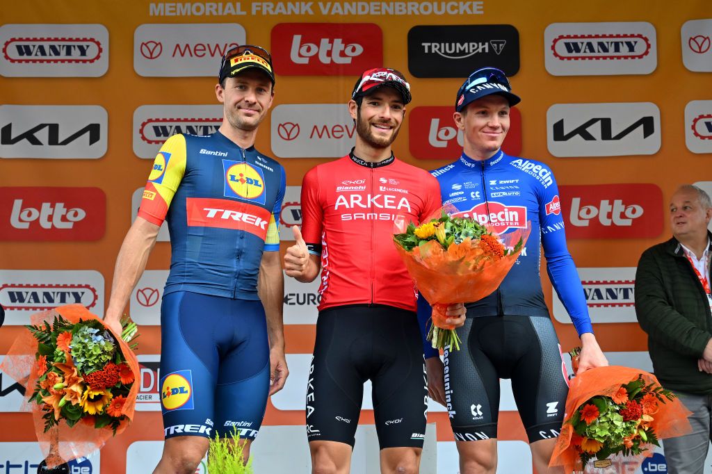 BINCHE BELGIUM OCTOBER 03 LR Edward Theuns of Belgium and Team Lidl Trek on second place race winner Luca Mozzato of Italy and Team Arkea Samsic and Soren Kragh Andersen of Denmark and Team AlpecinDeceuninck on third place pose on the podium ceremony after the 36th Binche Chimay Binche Mmorial Frank Vandenbroucke 2023 a 1986km one day race from Binche to Binche UCIWT on October 03 2023 in Binche Belgium Photo by Luc ClaessenGetty Images