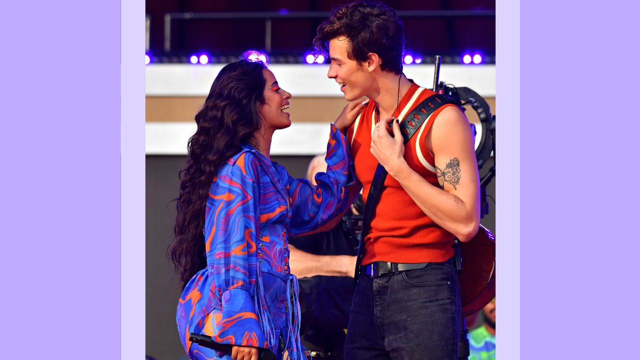 Camila Cabello and Shawn Mendes face each other, with Camila&#039;s arm on Shawn&#039;s shoulder at Global Citizen Live on September 25, 2021 in New York City./ in a purple template