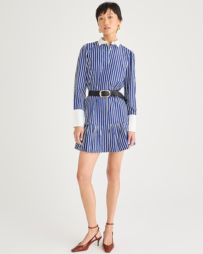 blue and white Tiered Striped Shirtdress in Cotton Poplin with white contrast collar