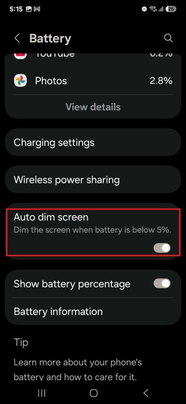 One UI 7 toggle for auto dim feature