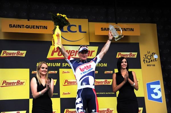 Stage 5 winner Andre Greipel (Lotto Belisol) on the podium in Saint-Quentin.