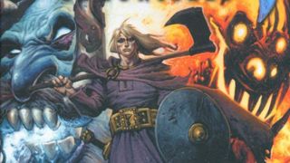 The Viking protagonist of Valhalla Chronicles stands with an axe slung over one shoulder over an image of two giants' faces