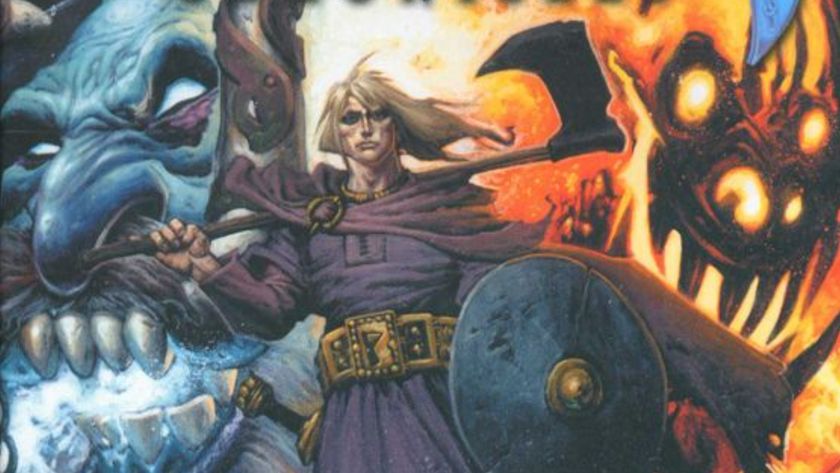 The Viking protagonist of Valhalla Chronicles stands with an axe slung over one shoulder over an image of two giants&#039; faces