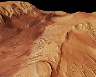 A perspective view of Candor Chasma valley based on images captured by the Mars Express satellite in 2006.