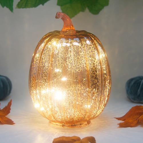 Hvtdecor Mercury Glass Pumpkin Lights With Timer, Battery Operated Led Pumpkin Lights for Halloween Fall,thanksgiving Rustic Decor (rosegold Common, 8&quot;)