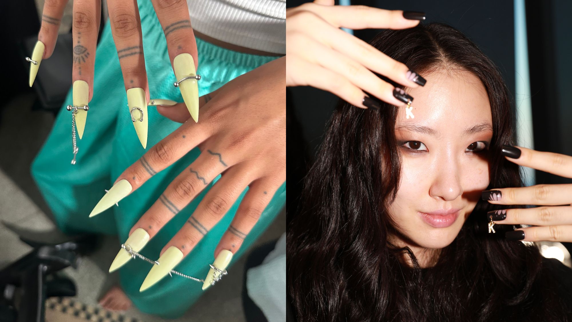 Images of the pierced nails and nail charms backstage at Grace Ling and Kim Shui spring/summer 26.