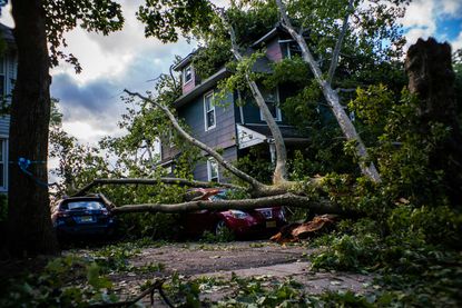 Cars and a house are shown damaged by a fallen tree after Tropical Storm Isaias and its treacherous winds and heavy rain passed through on August 4, 2020 in Bogota, New Jersey. 