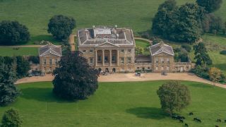 Exterior shot from the sky of Basildon Park, used in Bridgerton season 3