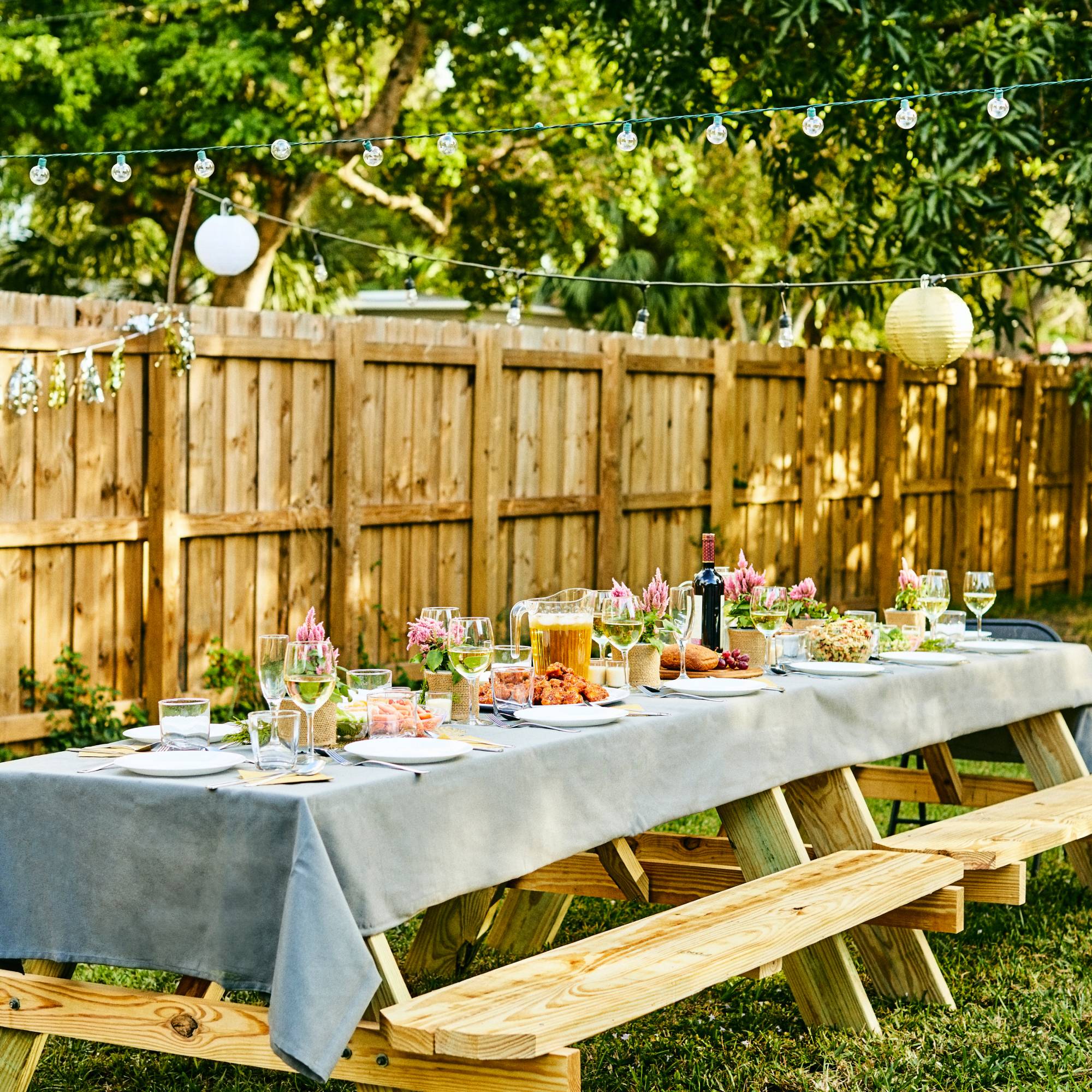 Picnic tables set for garden party