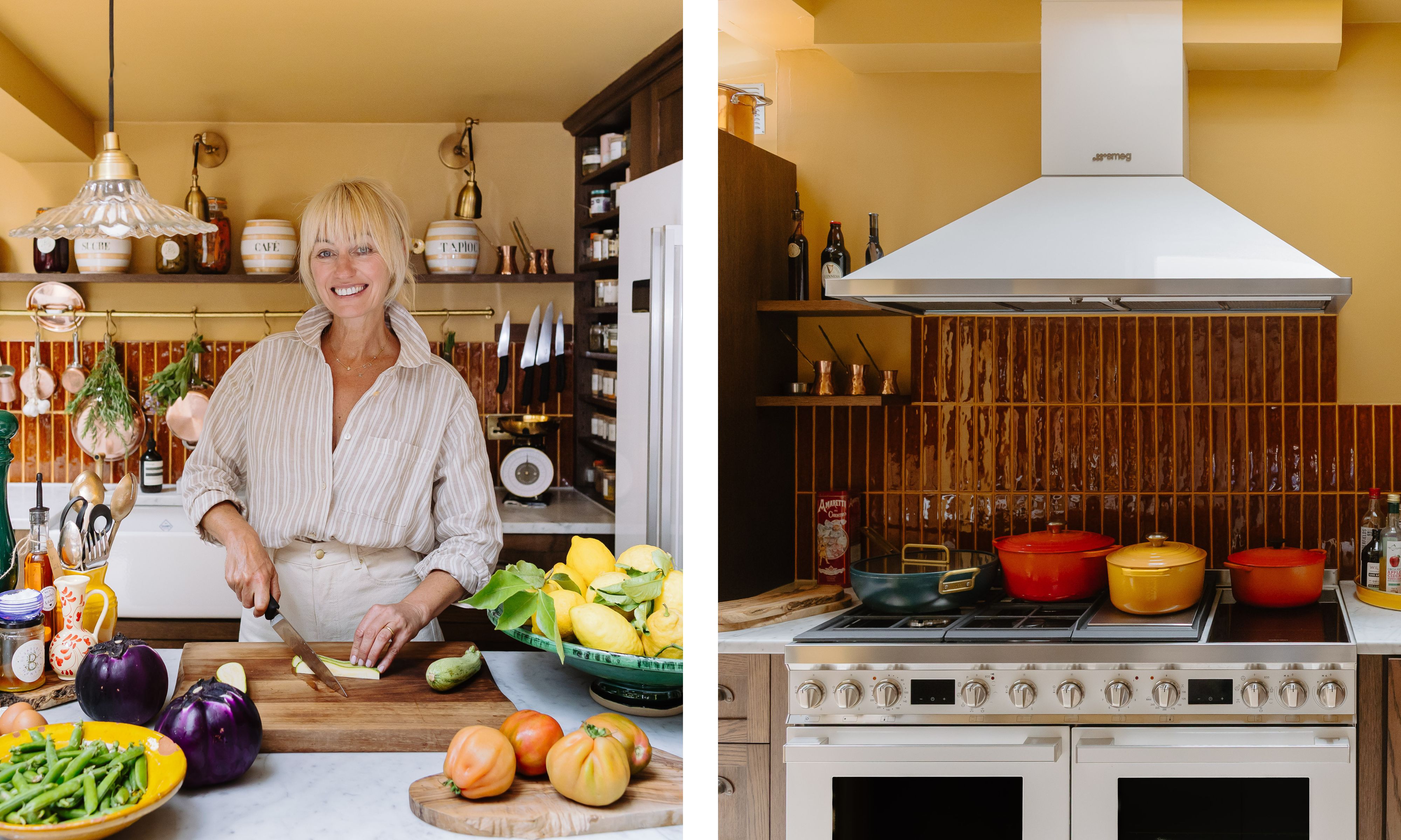 A photo of TV chef Clodagh McKenna chopping vegetables at her kitchen island next to a photo of her range cooker area