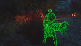 A Ghoul in Fallout 76 holding a flamer and radiating green with rads