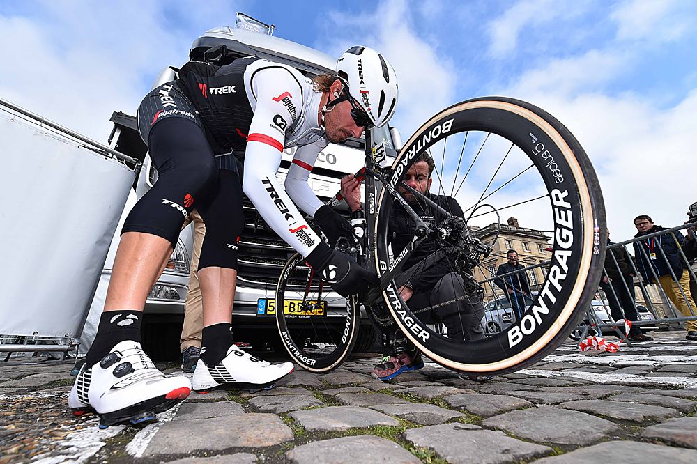 Fabian Cnacellara (Trek-Segafredo) does last-minute bike checks before the start of Paris-Roubaix