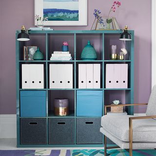 Living room shelving ideas with cube shelving and lilac wall
