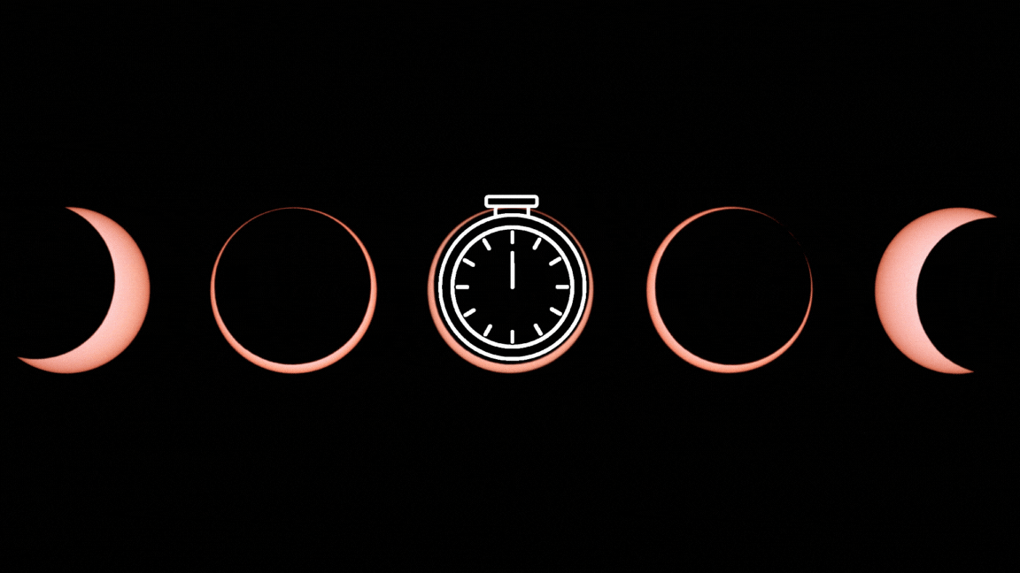Graphic illustration of a sequence of eclipse images and an animated timer in the center.