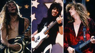 (from left) Zakk Wylde, Mick Mars and Snake Sabo perform onstage with their bands at the Moscow Music Peace Festival in August 1989 at Luzhniki Stadium in Moscow, USSR