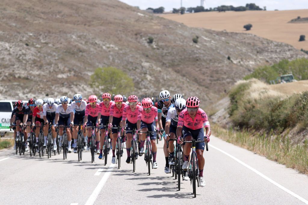 BURGOS SPAIN AUGUST 03 Jonathan Klever Caicedo Cepeda of Ecuador and Team EF Education Nippo leads The Peloton during the 43rd Vuelta a Burgos 2021 Stage 1 a 161km stage from BurgosCatedral to BurgosAlto del Castillo 980m VueltaBurgos BurgosCycling CapitalMundialdelCiclismo catedral2021 on August 03 2021 in Burgos Spain Photo by Gonzalo Arroyo MorenoGetty Images