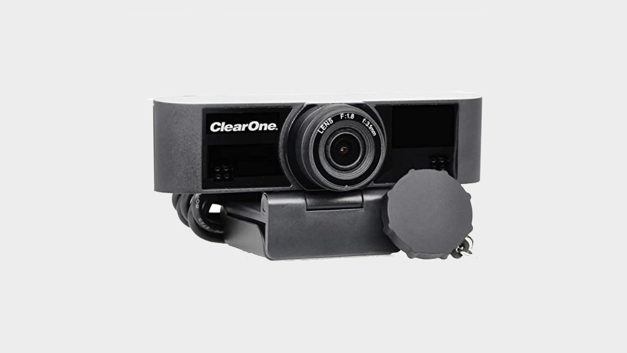 ClearOne Unite 20 Pro webcam with stand and lens cap.