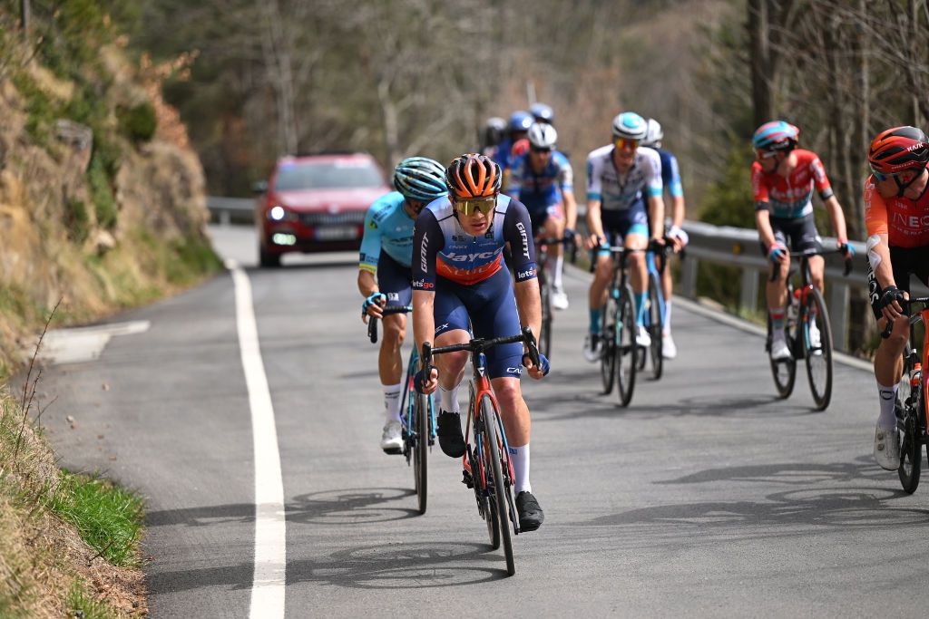 PORT AINE SPAIN MARCH 20 Christopher JuulJensen of Denmark and Team JaycoAlUla competes in the breakaway during the 103rd Volta Ciclista a Catalunya 2024 Stage 3 a 1767km stage from Sant Joan de les Abadesses to Port Aine 1967m UCIWT on March 20 2024 in Port Aine Spain Photo by David RamosGetty Images