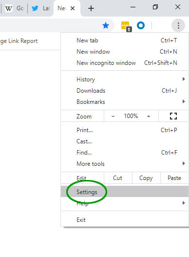 'Settings' highlighted on a Chrome browser dropdown menu.