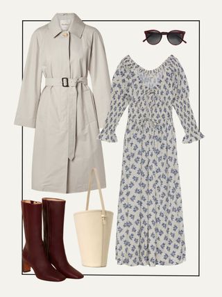 MaxMara trench coat, Dôen dress, & Other Stories sunglasses, COS bag, Rouge boots