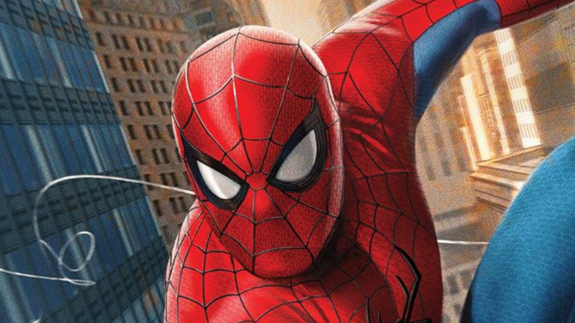 A close-up of Spider-Man swinging through New York City