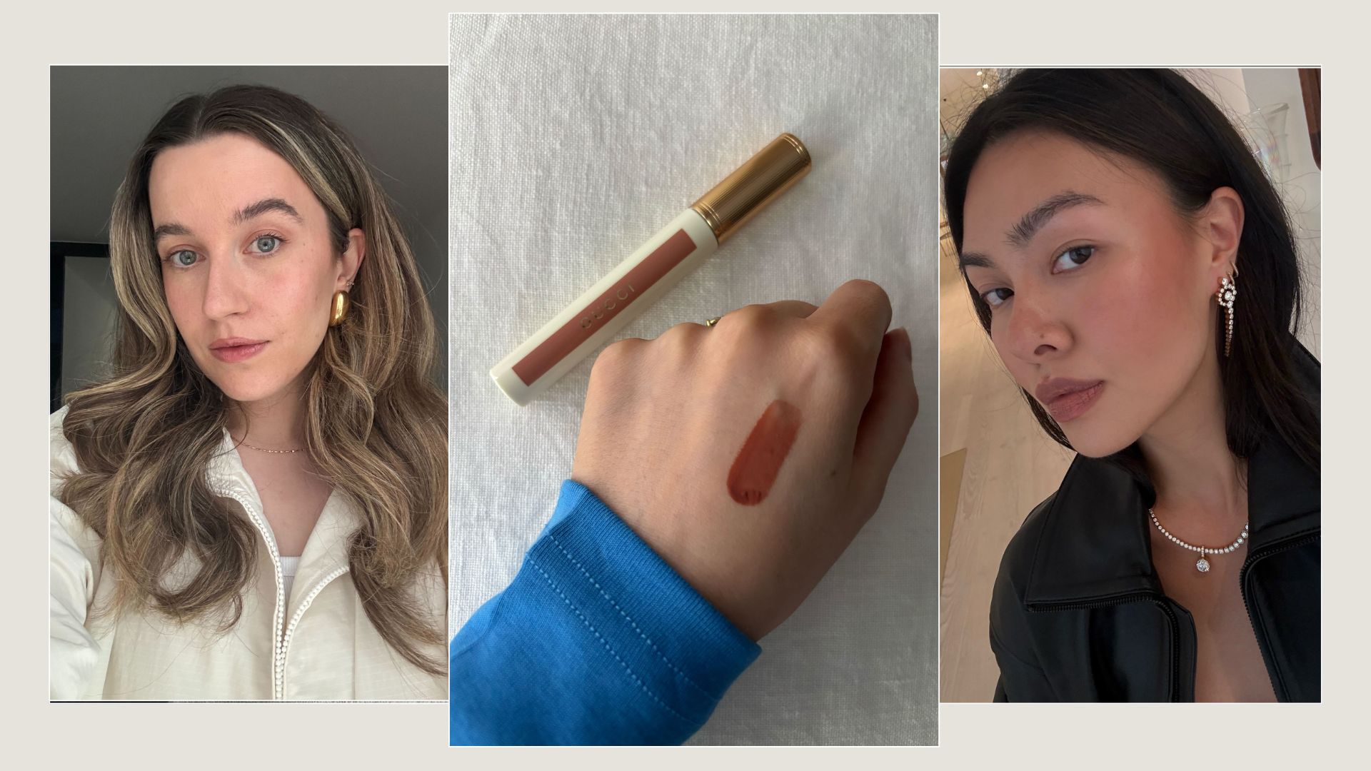 A collage of deputy beauty editor Grace Lindsay testing glossy lip balms and creator @mimixn wearing a glossy, blurred lip look