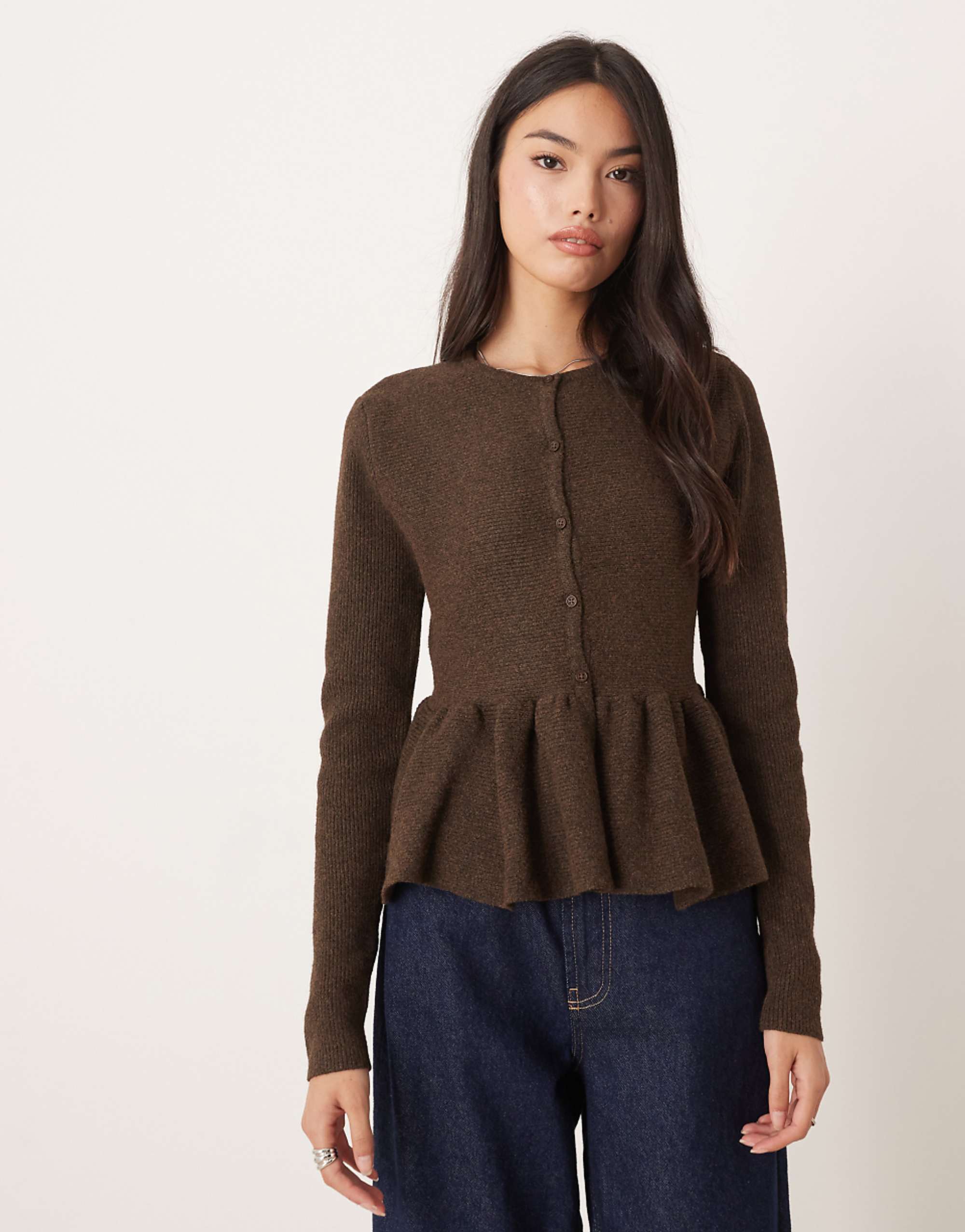Asos Design Structured Peplum Hem Cardigan in Chocolate