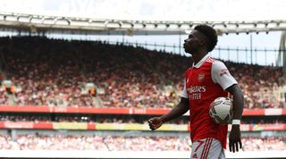 Arsenal midfielder Bukayo Saka during the Premier League match between Arsenal and Tottenham Hotspur on 1 October, 2022 at the Emirates Stadium in London, United Kingdom