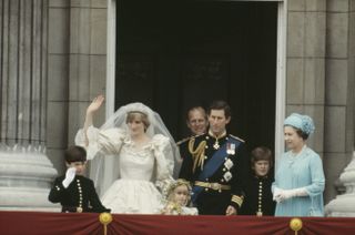 The Royal Family on the balcony of Buckingham Palace to celebrate the wedding of Prince Charles and Diana, Princess Of Wales