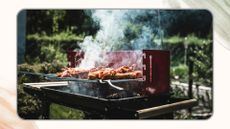 picture of BBQ wih meat cooking on it and smoke coming off