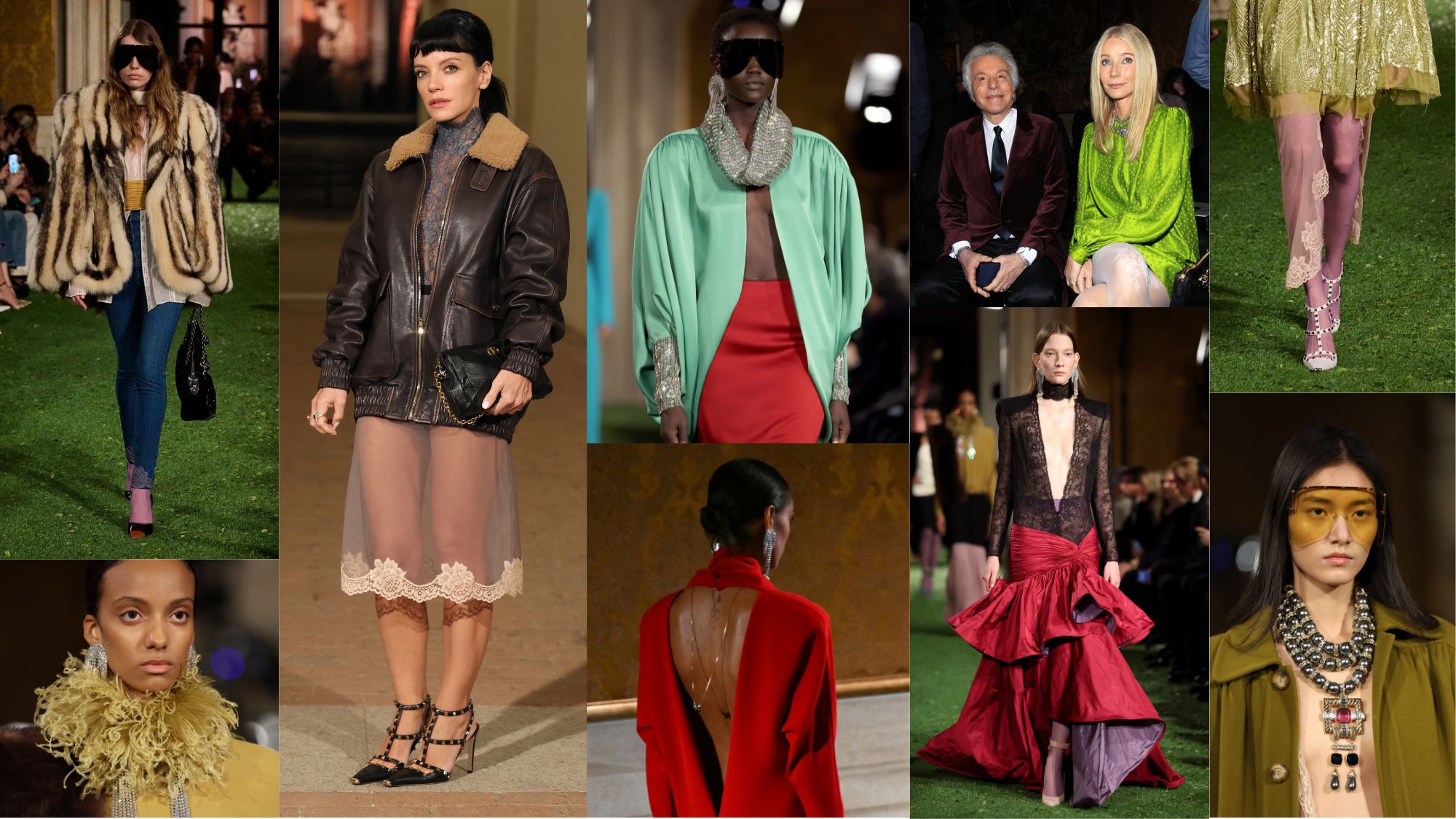 a collage of celebrities and models at the valentino aw26 show in rome