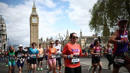 Fun runners compete near the Houses of Parliament during the London Marathon in central London