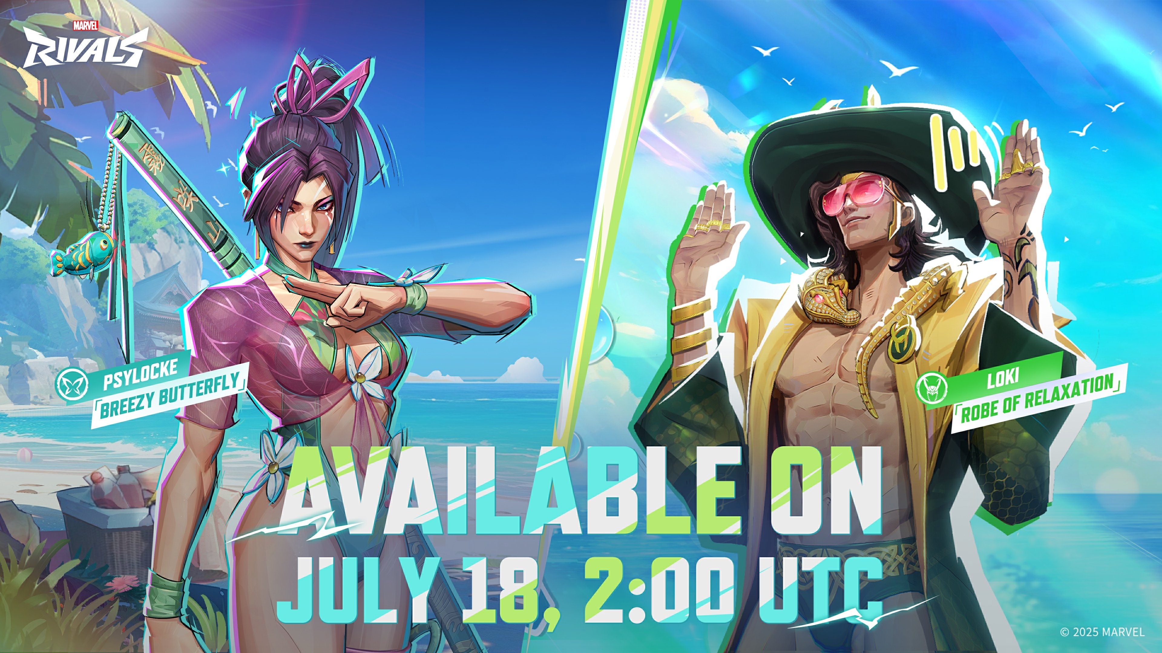 Psylocke and Loki in Marvel Rivals wearing swimsuits, with text reading "Available on July 18, 2:00 UTC"