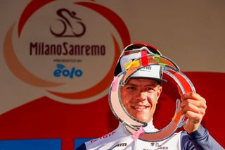Jasper Stuyven (Trek-Segafredo) celebrates his victory at Milan-San Remo back in March