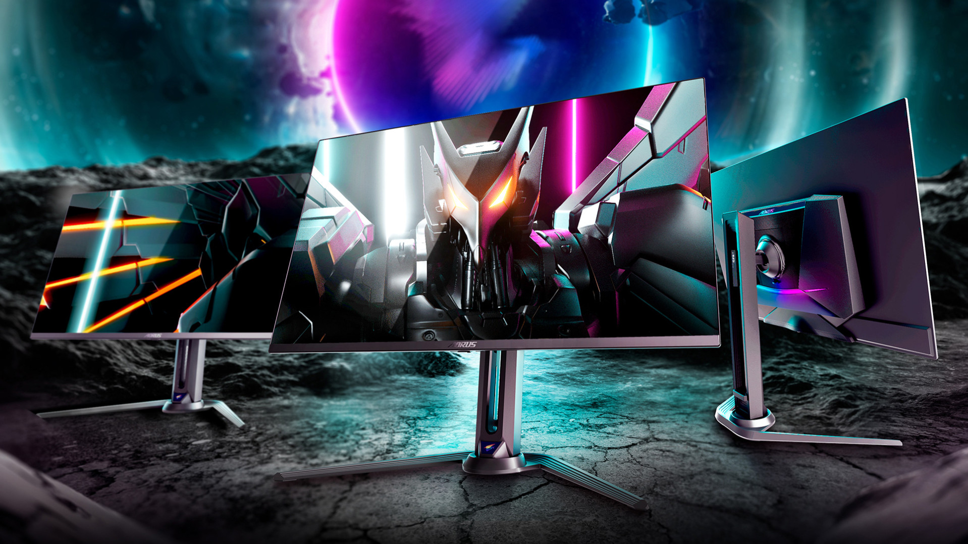 Gigabyte Aorus FO27Q5P monitor shown from front and rear on a futuristic landscape