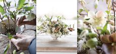 winter floral table centerpiece with ranunculas and hellebores step by step