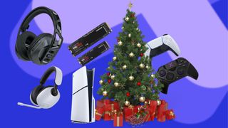 Various PS5 accessories scattered around a PS5 which is sat next to Christmas tree
