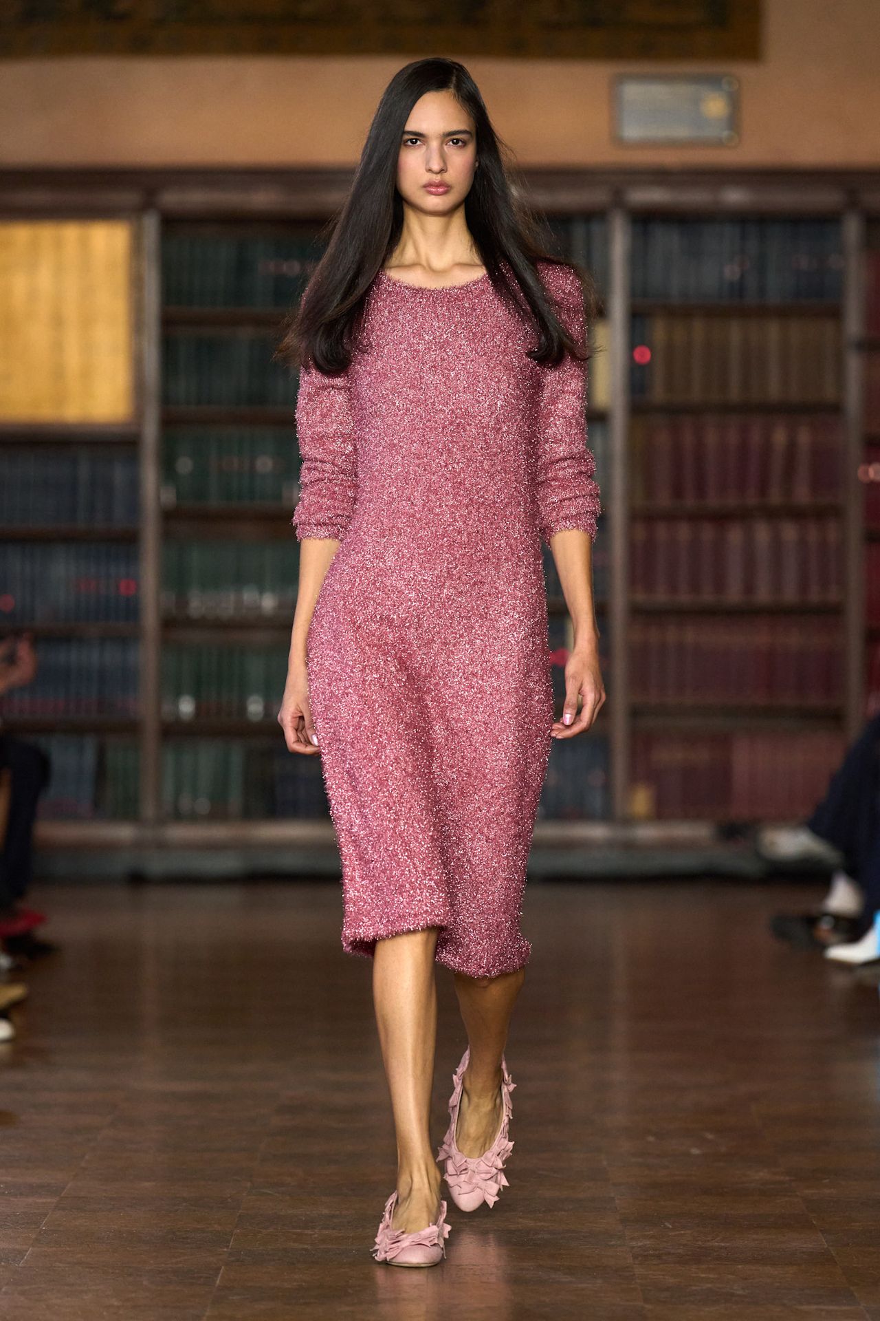 models walk the Sandy Liang Fall 2026 fashion show runway wearing slipper shoes