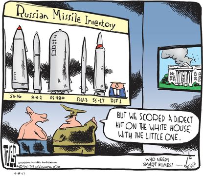 Political cartoon U.S. Trump Russia hacking election missile