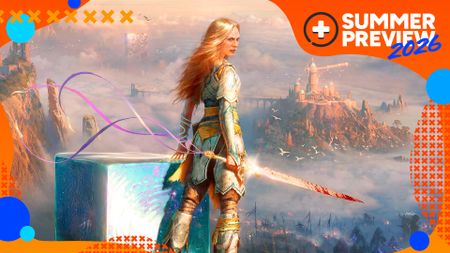 Faye stands on a cliff overlooking Everwhen holding a sword with a ribbon and standing next to a jelly cube in key art for God of War Laufey, with the orange GamesRadar+ Summer Preview 2026 frame