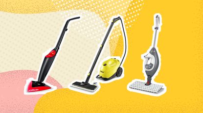 Image of the three best steam cleaners on yellow and pink graphic background