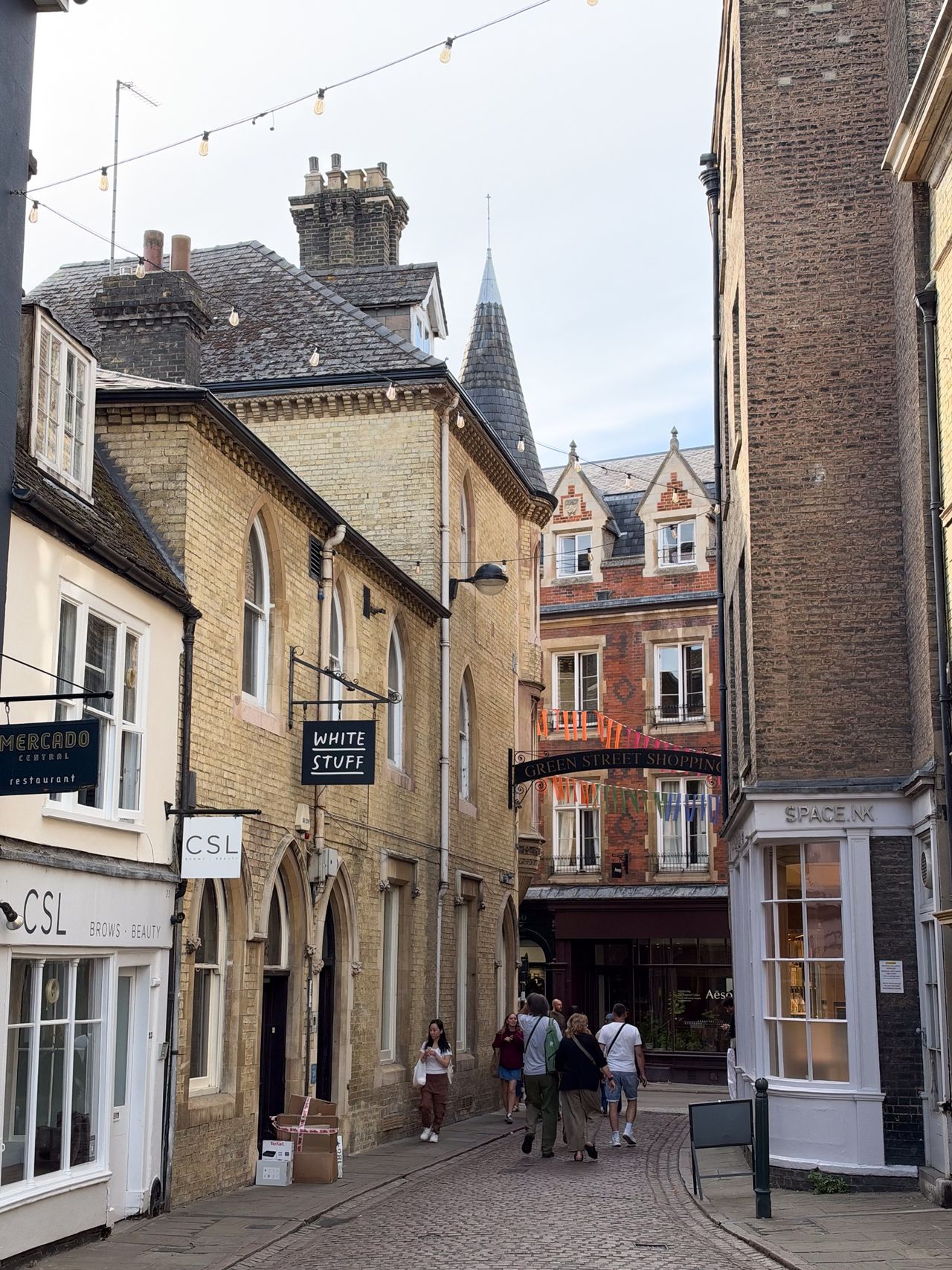 Cobblestone shopping lane lined with historic brick buildings, storefronts, hanging lights, and pedestrians.