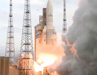 An Arianespace Ariane 5 rocket launches into space carrying the EUTELSAT 8 West B and Intelsat 34 satellites to orbit on Aug. 20, 2015 in a mission that lifted off from the Guiana Space Center in Kourou, French Guiana. It was the 67th consecutive success for Ariane 5 and the launcher’s 81st mission overall.