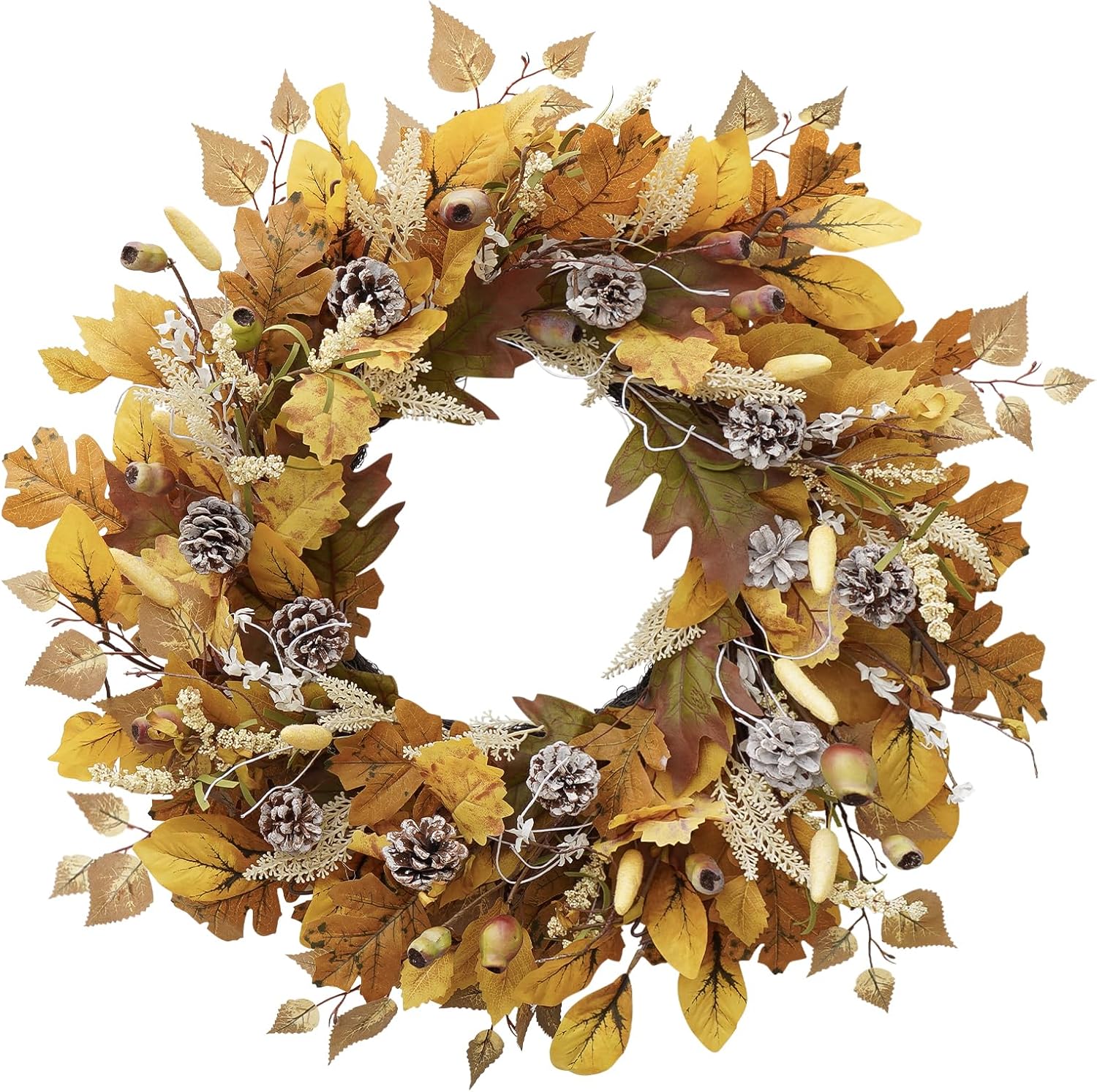 Fall Wreath for Front Door, 24 Inch Autumn Wreath With Pine Cones, Grain Ears, Oak Leaves and Maple Leaves Fall Decorations for Home, Artificial Flowers Harvest and Thanksgiving Indoor & Outdoor