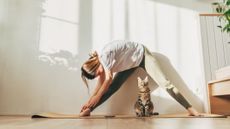 Woman doing yoga on mat with a cat in front of her
